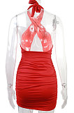 Red Euramerican Women Sexy Solid Color Halter Neck Hollow Out Sleeveless Backless Drawsting Ruffle High Waist Mini Dress FWB20921-3