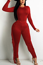 Red Women Autumn Fashion Tassel Long Sleeve Bodycon Pure Color Pants Sets SH7287-2