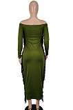 Dark Green Women Autumn Fashion Tassel Long Sleeve Bodycon Pure Color Long Dress SH7288-3
