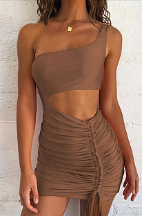 Brown Wholesale Sexy Single Shoulder Hollow Out Bandage Ruffle Solid Color Hip Dress LZY9508-5
