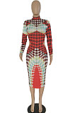 Red Women Sexy Positioning Printing Collect Waist Midi Dress XT0013