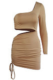 Khaki  New Sexy Women Pure Color One Sleeve Hollow Out Bandage Hip Dress LZY8703-4