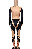 Black Orange Women Autumn Sexy Trendy Tight Printing Long Sleeve Long Pants Sets SH7286-1