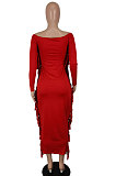 Red Women Autumn Fashion Tassel Long Sleeve Bodycon Pure Color Long Dress SH7288-2