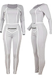 Red Fashion Stripe Spliced Long Sleeve Square Neck Bodycon Tops Pencli Pants Sets MD383-3