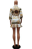 White Autumn Design Printing Three Quarter Sleeve Lapel Neck Shirts Mini Skirts Sets CM2157-1