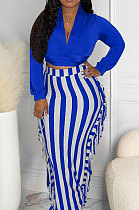 Peacock Blue New Casual Long Sleeve Deep V Neck Crop Tops Cute Tassel  Hip Skirts Sets S66316-2