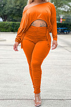 Orange Wholesale Casual Long Sleeve Oblique Shoulder Loose Tops High Waist Ruffle Bodycon Pants Solid Color Sets QSS51051-5