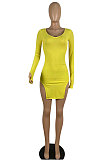 Yellow Night Club Pure Color Long Sleeve V Neck Collect Waist Double Side Slit Dress LWW9305-2