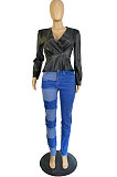 Black Fashion New Flocking Leather Long Sleeve V Collar Front Button Collect Waist Tops LWW9326-1