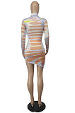 Mulitcolor Orange Sexy Irregularity Printing Long Sleeve High Neck Bodycon Hip Dress SDE22116-2