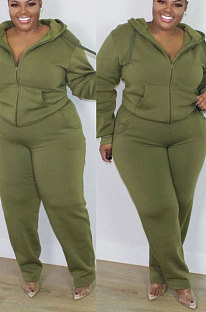 Army Green New Big Yards Long Sleeve Zip Front Coat Trousers Solid Color Sports Sets HG150-4