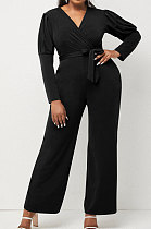 Black Wholesale Cotton Blend Pure Color Long Sleeve V Neck Collect Waist Wide Leg Jumpsuits LWW9322-1