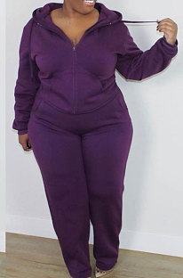 Purple New Big Yards Long Sleeve Zip Front Coat Trousers Solid Color Sports Sets HG150-3