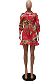Rose Red Autumn Design Printing Three Quarter Sleeve Lapel Neck Shirts Mini Skirts Sets CM2157-2