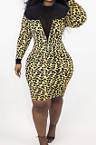 Camouflage Mesh See-Through Spliced Long Sleeve Collect Waist Bodycon Dress LMM8284-2