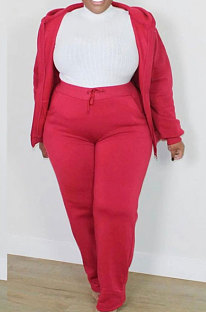Red New Big Yards Long Sleeve Zip Front Coat Trousers Solid Color Sports Sets HG150-2