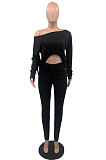 Black Wholesale Casual Long Sleeve Oblique Shoulder Loose Tops High Waist Ruffle Bodycon Pants Solid Color Sets QSS51051-2