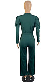 Green Wholesale Cotton Blend Pure Color Long Sleeve V Neck Collect Waist Wide Leg Jumpsuits LWW9322-3