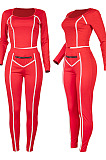 Red Fashion Stripe Spliced Long Sleeve Square Neck Bodycon Tops Pencli Pants Sets MD383-3