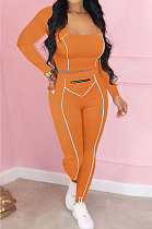 Orange Fashion Stripe Spliced Long Sleeve Square Neck Bodycon Tops Pencli Pants Sets MD383-6