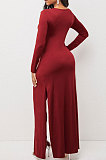 Red Modest New Women Long Sleeve Round Neck Cross Hollow Out Cape Tops Bodycon Trousers Solid Color Sets LWW9323-2