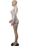 Mulitcolor Orange Sexy Irregularity Printing Long Sleeve High Neck Bodycon Hip Dress SDE22116-2