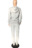 Light Grey Cotton Blend Pure Color Long Sleeve Hoodie Bodycon Slit Trousers Sports Sets LMM8287-2