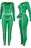 Green Fashion Stripe Spliced Long Sleeve Square Neck Bodycon Tops Pencli Pants Sets MD383-2