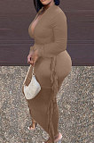 Camel New Casual Long Sleeve Deep V Neck Crop Tops Cute Tassel  Hip Skirts Sets S66316-5