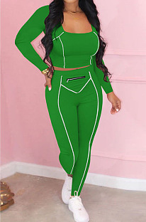Green Fashion Stripe Spliced Long Sleeve Square Neck Bodycon Tops Pencli Pants Sets MD383-2