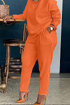Orange Cotton Blend  Sleeve Opening Letter Embroid Loose Tops Trousers  Plain Color Casual Sets BBN209-3