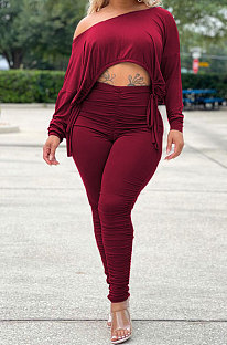 Wine Red Wholesale Casual Long Sleeve Oblique Shoulder Loose Tops High Waist Ruffle Bodycon Pants Solid Color Sets QSS51051-3