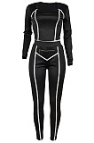 Black Fashion Stripe Spliced Long Sleeve Square Neck Bodycon Tops Pencli Pants Sets MD383-1