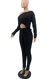 Black Wholesale Casual Long Sleeve Oblique Shoulder Loose Tops High Waist Ruffle Bodycon Pants Solid Color Sets QSS51051-2