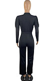 Black Wholesale Cotton Blend Pure Color Long Sleeve V Neck Collect Waist Wide Leg Jumpsuits LWW9322-1
