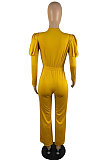Yellow Wholesale Cotton Blend Pure Color Long Sleeve V Neck Collect Waist Wide Leg Jumpsuits LWW9322-2