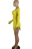 Yellow Night Club Pure Color Long Sleeve V Neck Collect Waist Double Side Slit Dress LWW9305-2