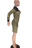 Leopard Print Mesh See-Through Spliced Long Sleeve Collect Waist Bodycon Dress LMM8284-1