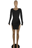 Black Night Club Pure Color Long Sleeve V Neck Collect Waist Double Side Slit Dress LWW9305-1