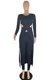 Black Modest New Women Long Sleeve Round Neck Cross Hollow Out Cape Tops Bodycon Trousers Solid Color Sets LWW9323-1