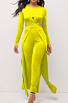 Yellow Modest New Women Long Sleeve Round Neck Cross Hollow Out Cape Tops Bodycon Trousers Solid Color Sets LWW9323-3