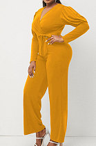 Yellow Wholesale Cotton Blend Pure Color Long Sleeve V Neck Collect Waist Wide Leg Jumpsuits LWW9322-2