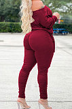 Wine Red Wholesale Casual Long Sleeve Oblique Shoulder Loose Tops High Waist Ruffle Bodycon Pants Solid Color Sets QSS51051-3