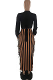 Light Yellow New Casual Long Sleeve Deep V Neck Crop Tops Cute Tassel  Hip Skirts Sets S66316-3