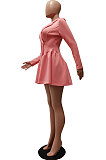 Pink Wholesale Long Sleeve Lapel Neck Double-Breasted Collect Waist Plain Color Dress CM2160-3