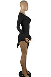 Black Night Club Pure Color Long Sleeve V Neck Collect Waist Double Side Slit Dress LWW9305-1