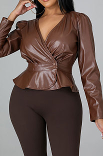 Brown Fashion New Flocking Leather Long Sleeve V Collar Front Button Collect Waist Tops LWW9326-2