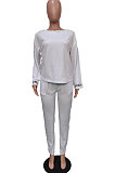 White Cotton Blend  Sleeve Opening Letter Embroid Loose Tops Trousers  Plain Color Casual Sets BBN209-2