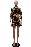 Black Autumn Design Printing Three Quarter Sleeve Lapel Neck Shirts Mini Skirts Sets CM2157-3